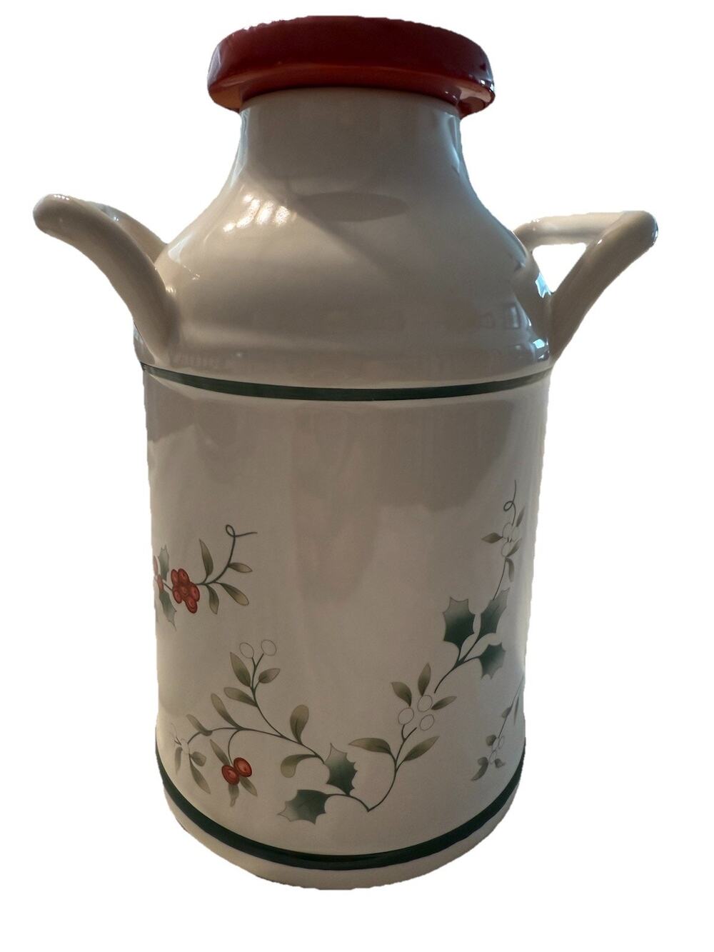Pfaltzgraff Winterberry Ceramic Milk Can with Lid, Floral Holly Berry, White Red